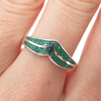 925 Sterling Silver Vintage Real Royston Turquoise Inlay V Shape Ring Size 9