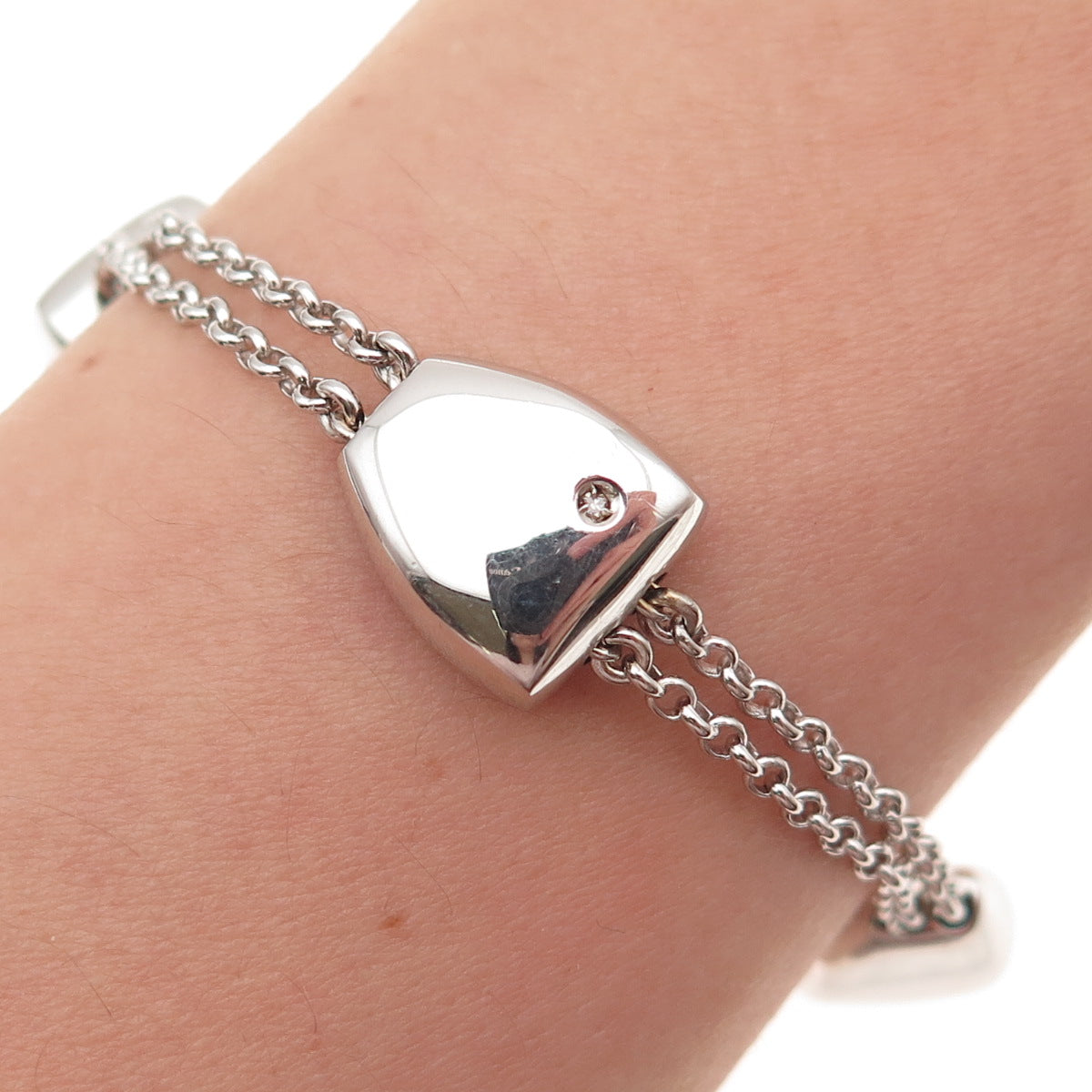Molecole 925 Sterling Silver Real Diamond Station 2-Row Rolo Link Bracelet 6.75"