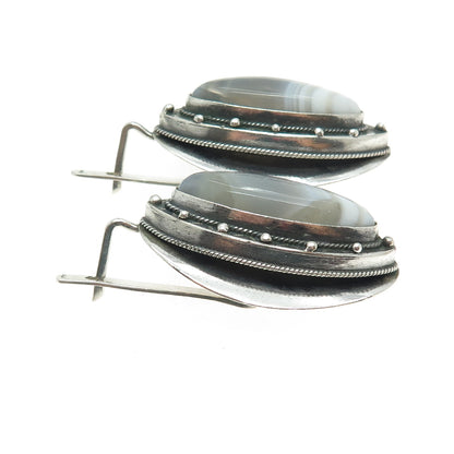 925 Sterling Silver Vintage Real Marquise-Cut Agate Modernist Oxidized Earrings