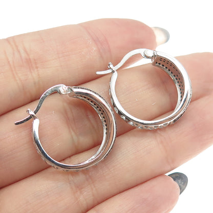 925 Sterling Silver Black C Z Hinged Hoop Earrings