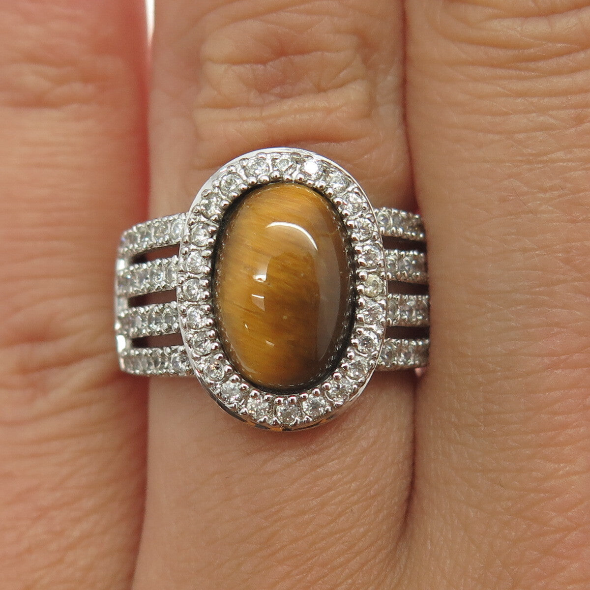ESPO Joseph Esposito 925 Sterling Silver Real Tiger Eye & C Z Ring Size 6.25