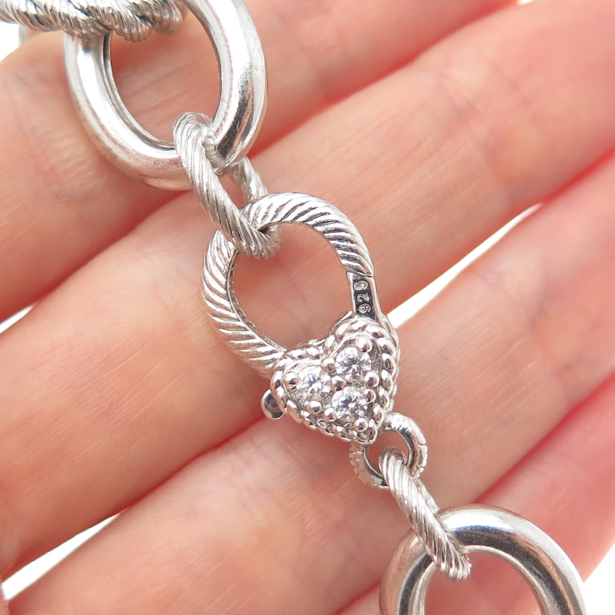 JUDITH RIPKA 925 Sterling Silver C Z Letter R Heart Tag Cable Link Bracelet 7.5"