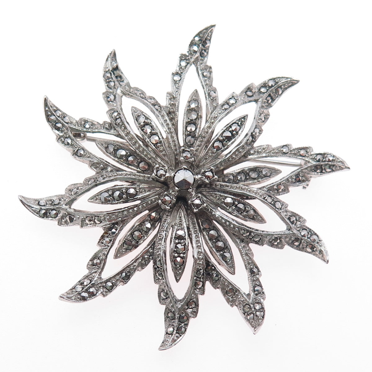 925 Sterling Silver Antique Art Deco Real Marcasite Flower Pin Brooch