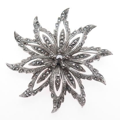 925 Sterling Silver Antique Art Deco Real Marcasite Flower Pin Brooch