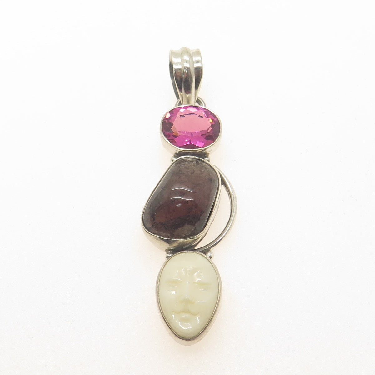 925 Sterling Silver Vintage Real Pink Amethyst Tourmaline & MOP Goddess Pendant