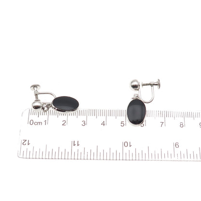 Simmons 925 Sterling Antique Art Deco Real Black Onyx Screw Back Dangle Earrings