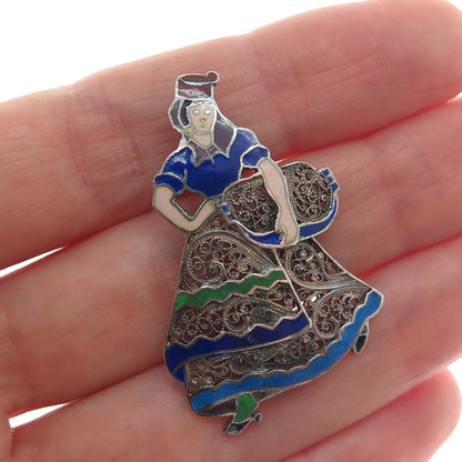 925 Sterling Silver Vintage Portugal Enamel Lady Filigree Oxidized Pin Brooch