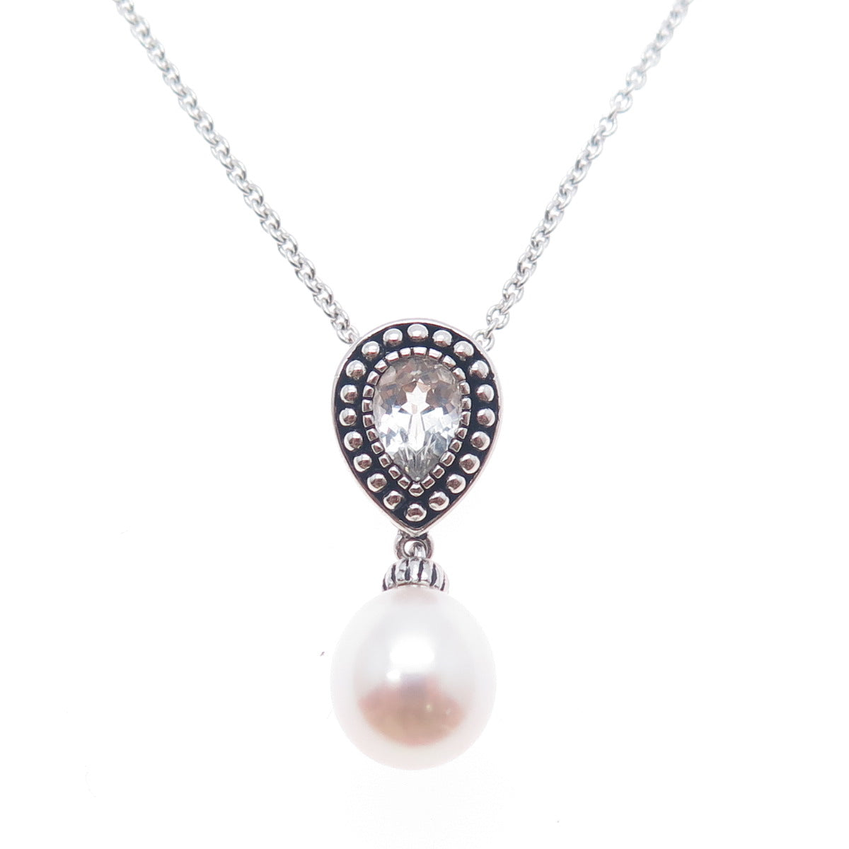 925 Sterling Silver Real White Topaz & Pearl Cable Chain Necklace 18"