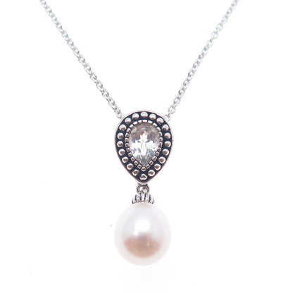 925 Sterling Silver Real White Topaz & Pearl Cable Chain Necklace 18"