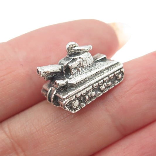 925 Sterling Silver Antique Art Deco Military Tank Minimalist 3D Charm Pendant