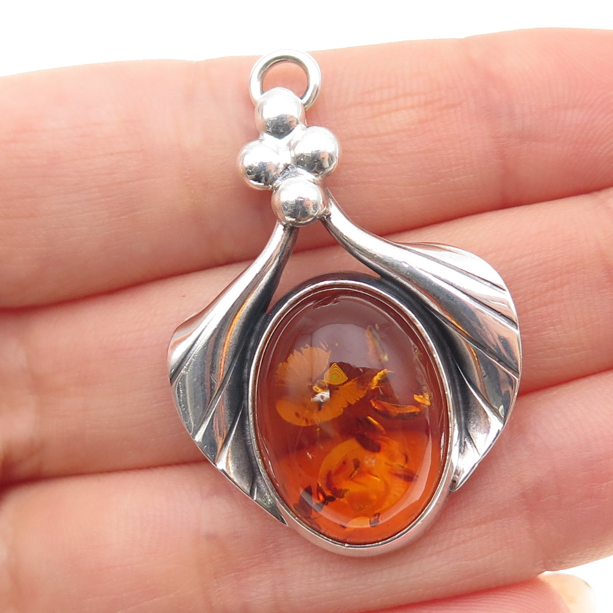 VALERIO V-8 Sterling Silver Vintage Poland Real Amber Modernist Charm Pendant