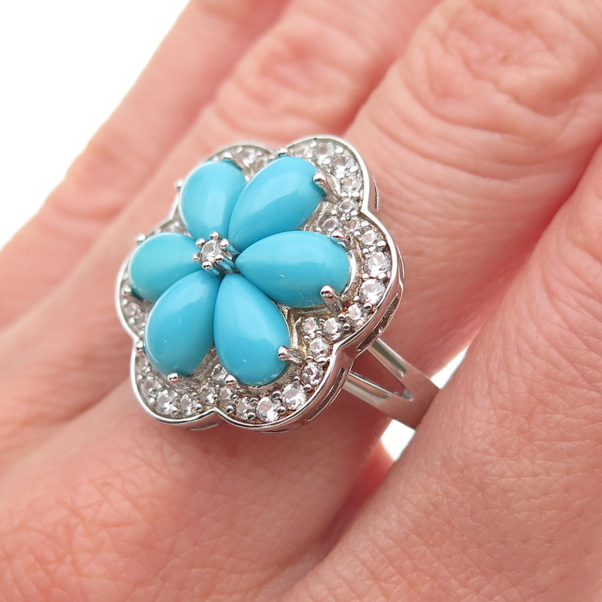 925 Sterling Real Sleeping Beauty Turquoise & White Topaz Floral Ring Size 8