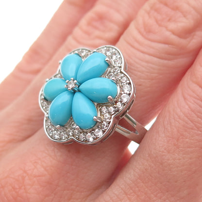 925 Sterling Real Sleeping Beauty Turquoise & White Topaz Floral Ring Size 8