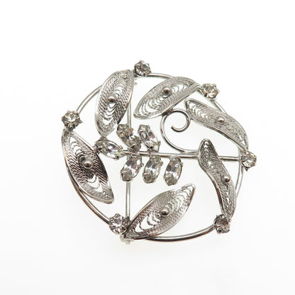 RO-MAN 925 Sterling Silver Vintage Rhinestone Floral Filigree Pin Brooch
