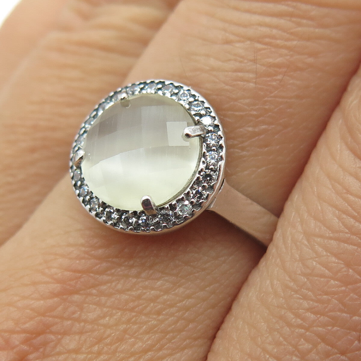 925 Sterling Silver Real Round-Cut Quartz & C Z Adjustable Ring Size 8