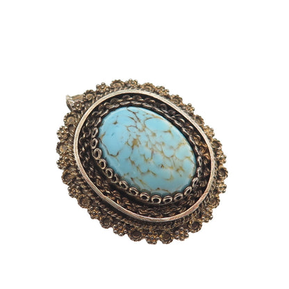 935 Silver Gold Plated Vintage Israel Faux Turquoise Pin Brooch / Pendant