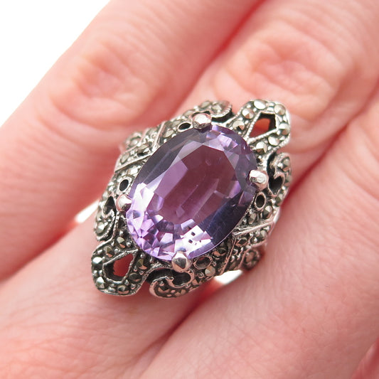 925 Sterling Silver Vintage Real Amethyst & Marcasite Oxidized Ring Size 6