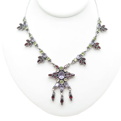 925 Sterling Silver Vintage Real Amethyst Peridot Garnet Citrine Necklace 16-18"