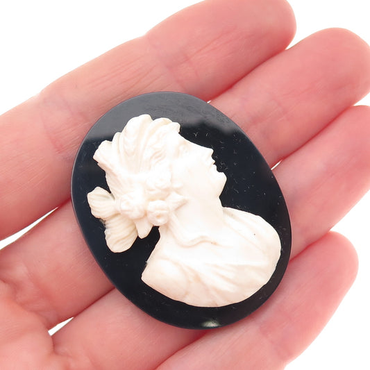 Antique Art Deco Real MOP & Black Onyx Carved Lady Cameo