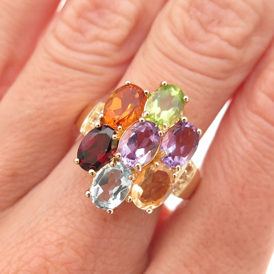 Han 925 Sterling Silver Gold Plated Real Multi-Color Gem Cluster Ring Size 8