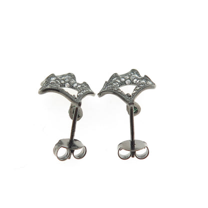 925 Sterling Silver Round-Cut Green & White C Z Leaf Black Rhodium Earrings