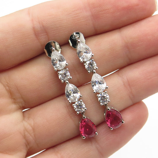 925 Sterling Silver White & Pink C Z Dangling Earrings