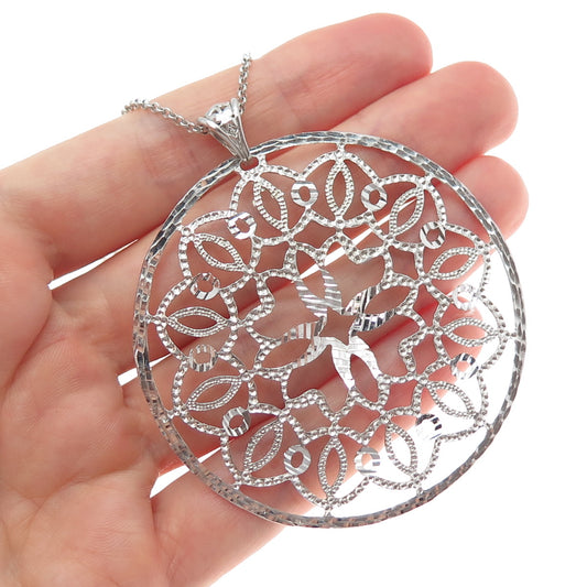 925 Sterling Silver Vintage Diamond-Cut Flower Pendant Rolo Chain Necklace 16"
