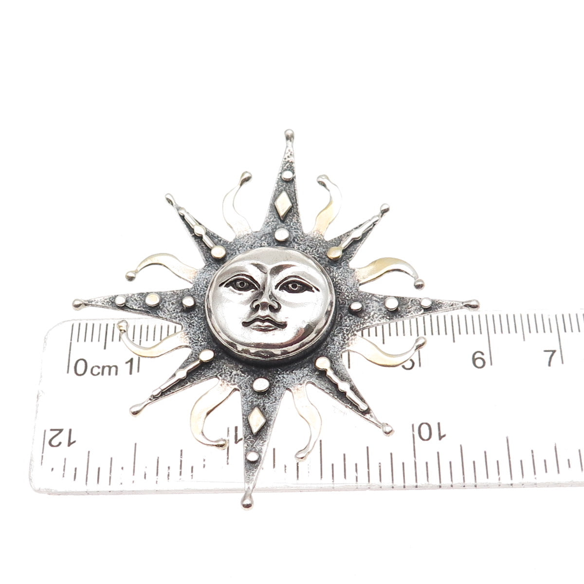 925 Sterling Silver 2-Tone Vintage Sun Face Oxidized Pin Brooch / Pendant