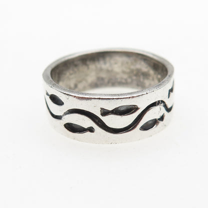 925 Sterling Silver Vintage Fish Oxidized Band Ring Size 7.75