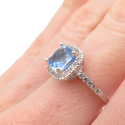 925 Sterling Silver Vintage Cushion-Cut Blue Round-Cut White C Z Ring Size 6.75