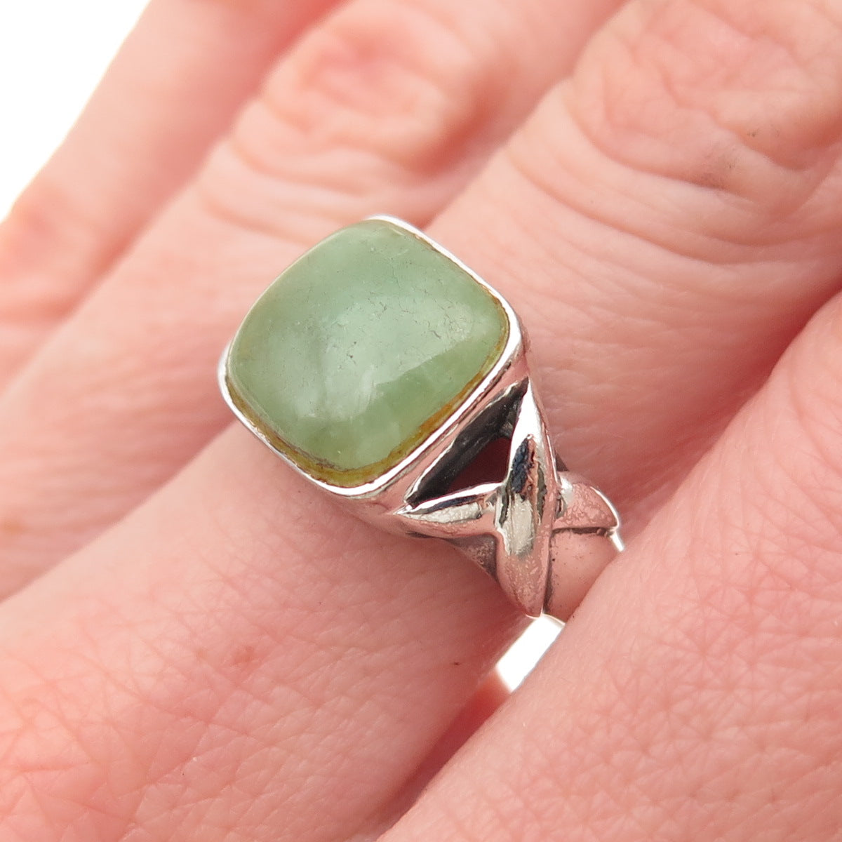 925 Sterling Silver Vintage Real Jade Modernist Oxidized Ring Size 8