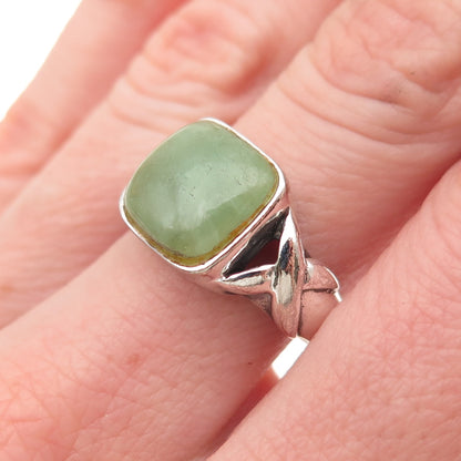 925 Sterling Silver Vintage Real Jade Modernist Oxidized Ring Size 8