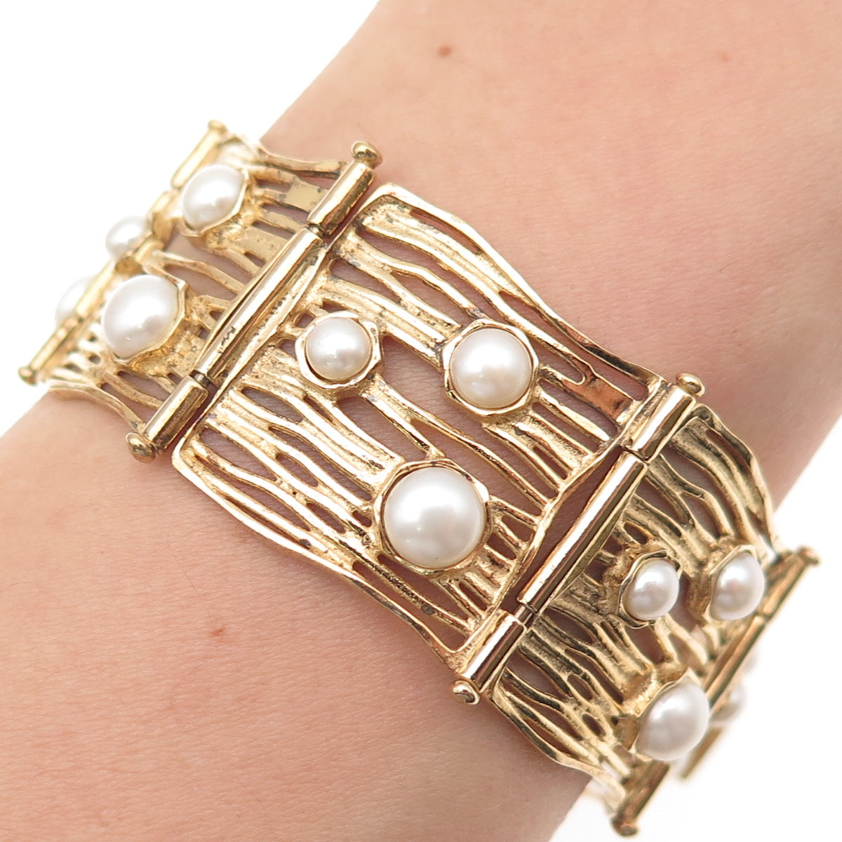 LIRM Sterling Gold Plated Vintage Israel Real Pearl Panel Link Bracelet 6.75"