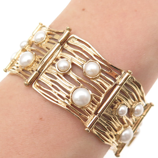 LIRM Sterling Gold Plated Vintage Israel Real Pearl Panel Link Bracelet 6.75"