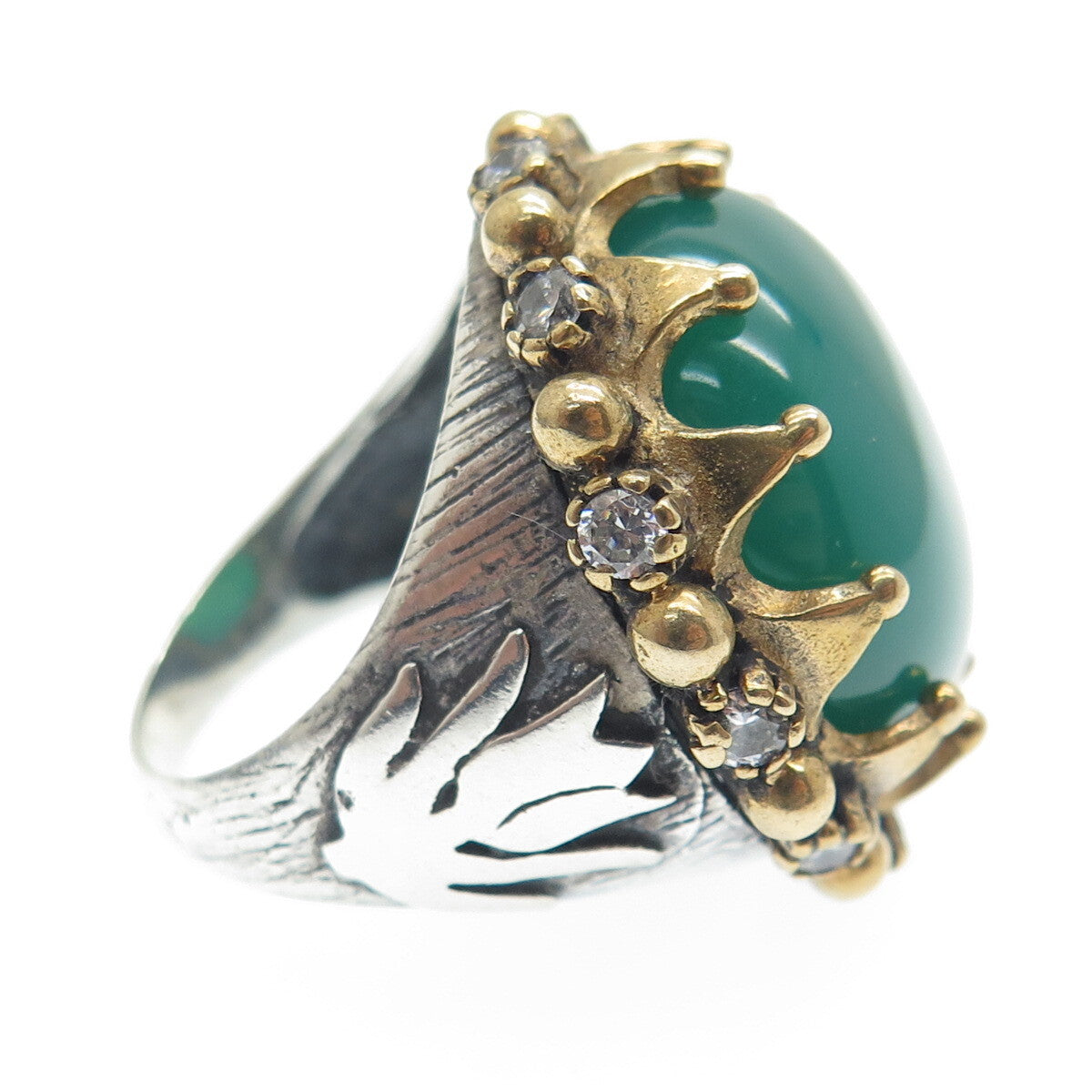 925 Sterling Silver 2-Tone Vintage Real Green Onyx & C Z Tulip Ring Size 8