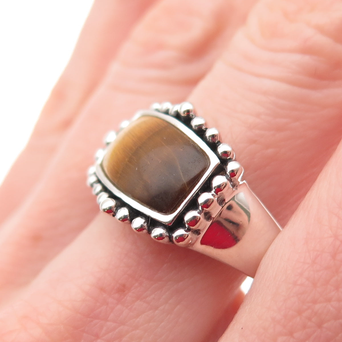 925 Sterling Silver Vintage Real Tiger Eye Modernist Beaded Ring Size 10