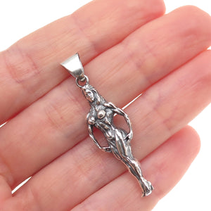 925 Sterling Silver Vintage European Female Bodybuilder Oxidized Charm Pendant