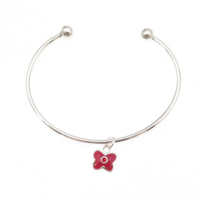 925 Sterling Silver Red Enamel & Crystal Butterfly Adjustable Cuff Bracelet 6"