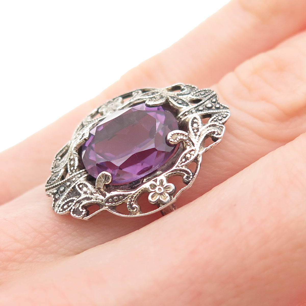 925 Sterling Silver Antique Art Deco Lab-Created Peacock Sapphire Ring Size 5