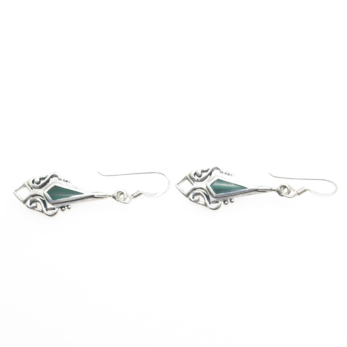 925 Sterling Silver Vintage Real Malachite Gemstone Ethnic Dangle Earrings