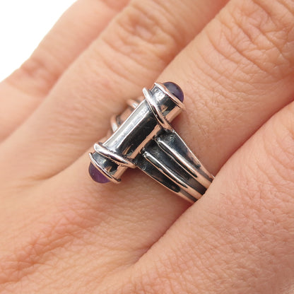 925 Sterling Silver Vintage SMS Amethyst Modernist Scroll Oxidized Ring Size 7
