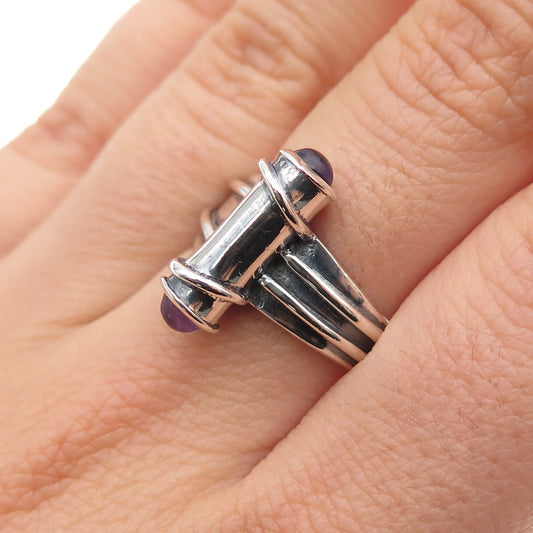 925 Sterling Silver Vintage SMS Amethyst Modernist Scroll Oxidized Ring Size 7