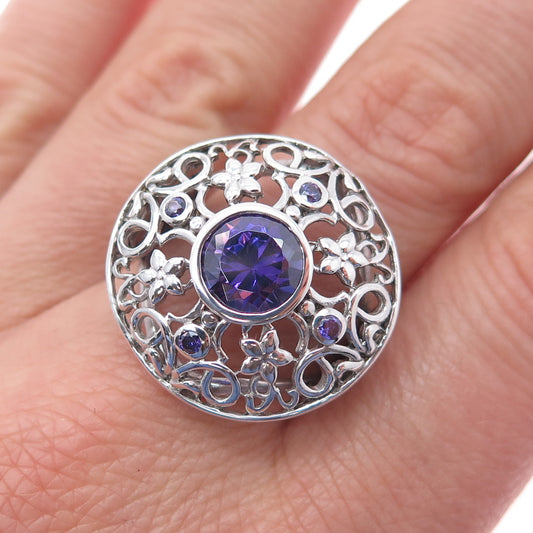 925 Sterling Silver Vintage Real Amethyst Floral Swirl Ring Size 9.25