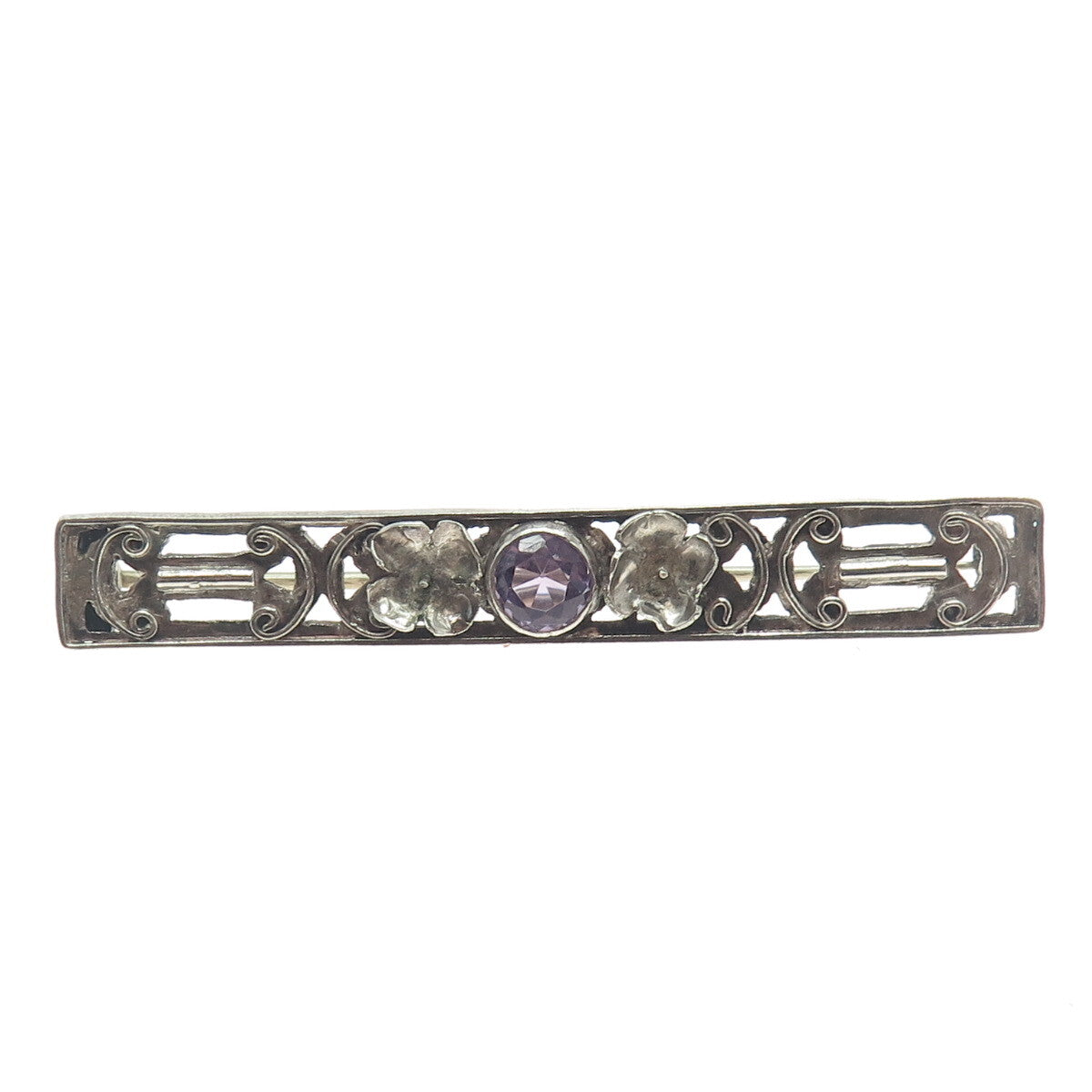 800 Silver Antique Victorian Real Amethyst Flower Bar Pin Brooch