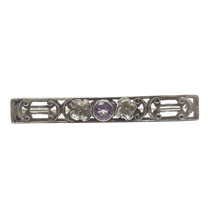 800 Silver Antique Victorian Real Amethyst Flower Bar Pin Brooch