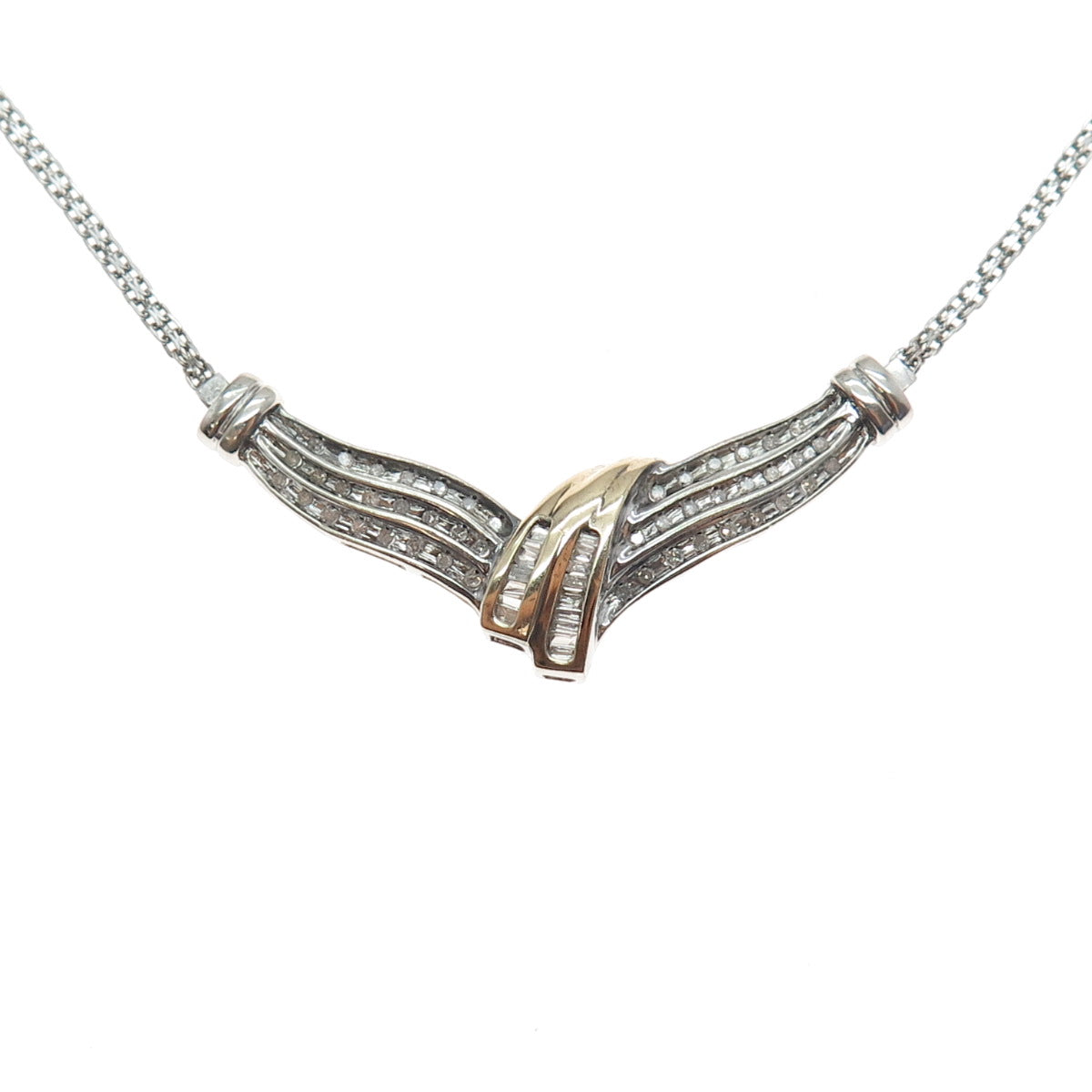 SUN 925 Sterling Silver 14K Gold Real Diamond Bismark Chain Necklace 16"