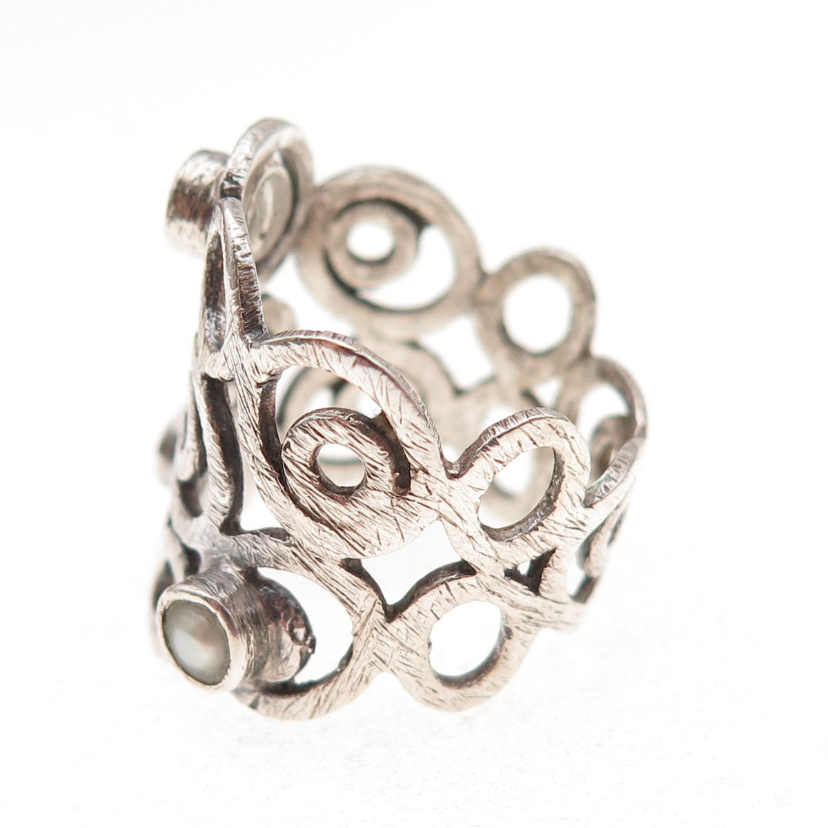 925 Sterling Silver Vintage Real Pearl Modernist Swirl Oxidized Ring Size 7.5