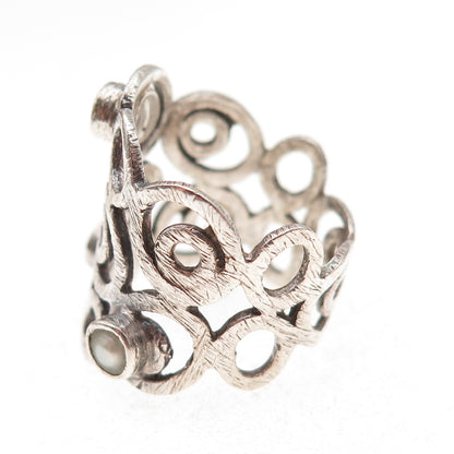 925 Sterling Silver Vintage Real Pearl Modernist Swirl Oxidized Ring Size 7.5