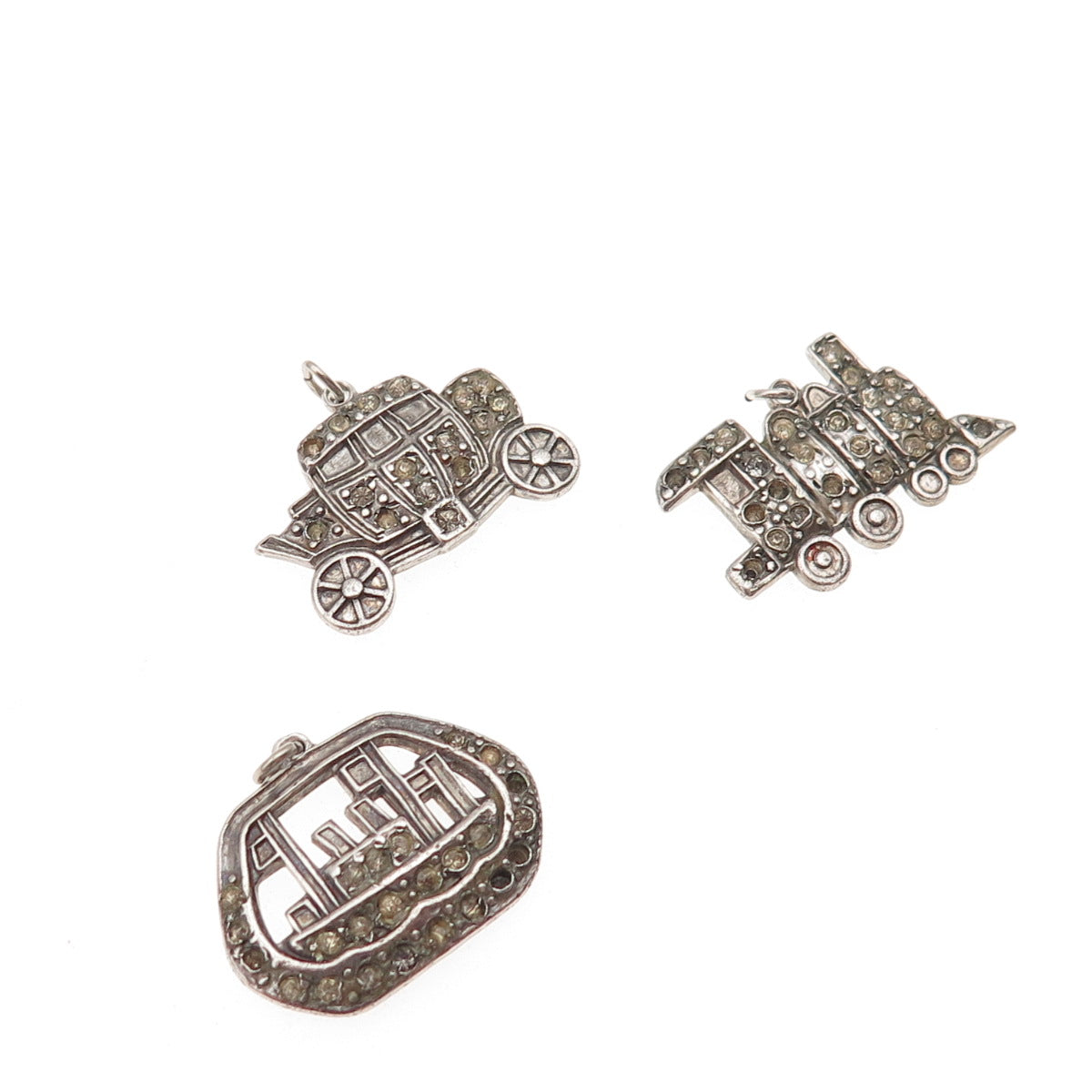 925 Sterling Antique Rhinestone Carriage Ship Train Pendants (missing 12 stones)