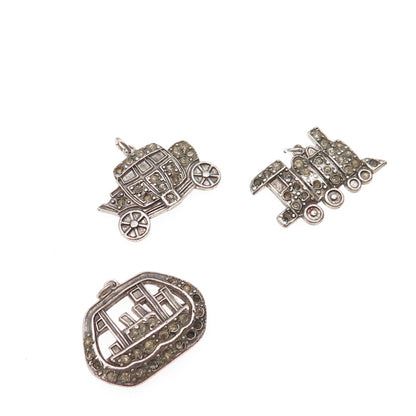 925 Sterling Antique Rhinestone Carriage Ship Train Pendants (missing 12 stones)